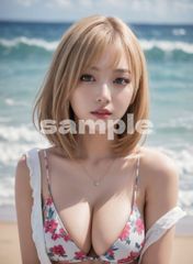 【AI美女ポスター】Urban Blonde #174｜金髪ボブ×リアル美女｜インテリア A4 水着美人 透明感  韓国風  コレクション ビーチ 巨乳 波 砂浜