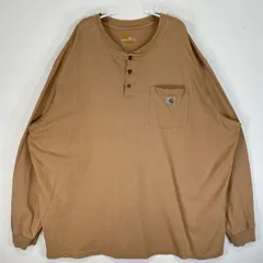 古着 カーハート Carhartt 長袖Tシャツ ワンポイント　ロゴ 肉厚　大きいサイズ ヘンリーネック 2XL  ベージュ系 無地 メンズ