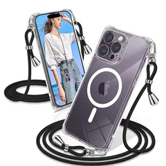 iPhone 14 Pro Max ケース クリア ショルダー MagSafe対応 耐衝撃 iPhone14ProMax スマホケース マグセーフ対応 透明 織りストラップ付き アイフォン14 Pro Max カバー 肩がけ 首掛け 紐付き 縄掛け シング 1