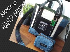№692【DENIM✖️Corduroy✖️SIDEpocket ToteBag🩷】デニムリメイクカートバッグ♫お揃いショルダー紐&お揃いポーチもあります♫