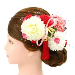 髪飾り 成人式 赤 振袖 前撮り 袴 花 2点セット 菊 鞠菊 ピンク 白 房 房付き 組紐 ニーズ かんざし 日本製 おしゃれ 大きい No.9-4972