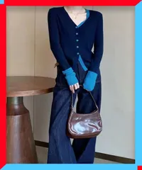 新品 バイカラーニットカーディガンレイヤード風 ニットインナー秋冬 着やせニット着回し ニットウエア 無地