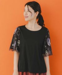 ISScoLar（イズスカラー）パッチワーク柄 袖チュール切替プルオーバー　オフホワイト、ブラック、グリーン　551234