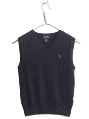 【お得なクーポン配布中!】 ポロ ラルフローレン Vネック コットン ケーブル ニット ベスト キッズ S 110cm 程 古着 子供 重ね着 子供用 ワンポイント 紺 ノースリーブ