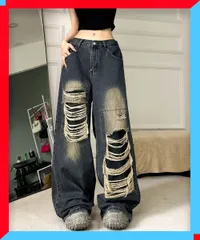 新品 レディース ダメージ バギーデニムパンツ ヴィンテージ風 ゆったり 美脚 脚長 着やせ ジーンズ【送料無料】