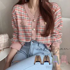ニットカーディガ ンレデイーズ 40代 秋 冬 ショート丈チェック柄 ニット カーディガン 秋冬 トップス カジュアル 配色 羽織り ｖネック 通勤 通学 オフィス