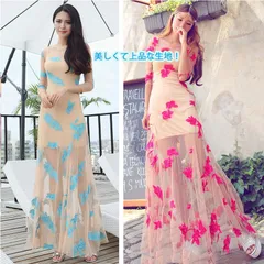 ロングドレス　ワンピース　総レース　キャミソール付き　ピンク　ブルー　Aライン
