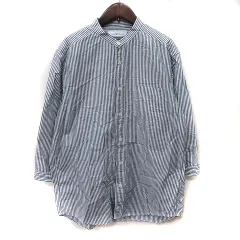 グリーンレーベルリラクシング ユナイテッドアローズ green label relaxing シャツ バンドカラー ストライプ 七分袖 麻混 リネン混 L 黒 ブラック 白 ホワイト /YI