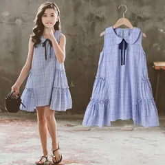 ワンピース キッズ 夏 ノースリーブ ベビー服 女の子 ジュニア 子供服 チェック柄 ワンピース 薄手 結婚式 誕生日 プレゼント 旅行 海 お姫serena0903158