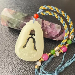 中国和田玉両面透かし彫り仏像×赤瑪瑙.緑翡翠.ピンクトルマリン 豪華ペンダント