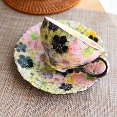 新品ゆずりは工房 平安間取花  コーヒー碗皿カップ ソーサ― セット 花柄 おしゃれ かわいい カフェ 喫茶店 日本製  陶器 瀬戸焼 和食器 食器 手描き プレゼント 贈り物 ギフト 母の日 敬老の日 誕生日