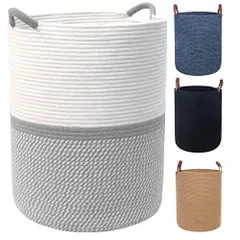 グレーホワイト Caroeas 65L ロープバスケット ランドリーバスケット 大容量 取っ手付き 折りたたみ ロープ 編み バスケット 衣類 おもちゃ収納 (グレーホワイト)