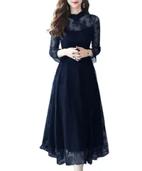 [Riaminy] [リアミニィ] イブニングドレス 結婚式 ドレス ワンピース パーティードレス ロング aライン ロングワンピース ハイウエスト フリル 長袖 総レース 総柄 レディース 二次会 卒業式 同窓会 上品 脇下ファスナー (M, ネイビー)