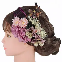 髪飾り リボン 卒業式 袴 花 ２点セット 紫 ピンク 白 クリーム色 茶 ゴールド ベロア つまみ細工 造花 カスミソウ ビーズ レ No.9-5281