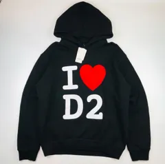 新品未使用★DSQUARED2・ディースクエアード メンズ I LOVE D2プリント ヘビーオンス裏地起毛 スウェット プルオーバー パーカー (L) ブランド メンズ トップス ブラック