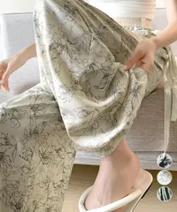  総柄ワイドパンツレディースウエストリボン ボトムス春夏軽やか 薄手パンツ 涼しげ 楽チンパンツ 花柄