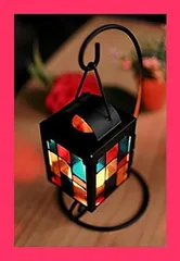 【スタッフおすすめ！】【morningplace】北欧 キャンドル スタンド ホルダー アンティーク 吊りフック付き ステンドグラス 格子デザイン インテリア に (ブラック)