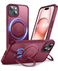 ★Anqrp iPhone 15 用 ケース 【MagSafe対応】【定点360° 回転スタンド】耐衝撃 耐久性 スマホケース 18N超強磁力 隠し収納 半透明 米軍MIL規格 ワイヤレス充電対応 滑り止め 縦横両対応  携帯カバー 6.1インチ ワインレッド