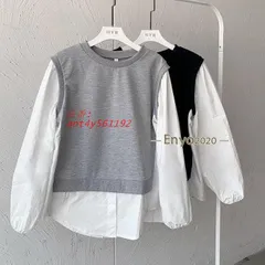 長袖シャツ レディース トップス ブラウス クルーネック 切り替え ゆったり シンプル Tシャツ カジュアル 薄手 ant4y561192