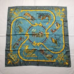 2507-12｜美品｜エルメス カレ 90 スカーフ シルク ブルー タグあり  