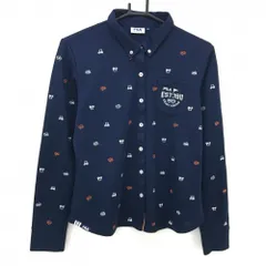 【美品】フィラゴルフ 長袖ポロシャツ ネイビー×白 刺しゅう総柄 胸ポケット ボタンダウン レディース LL ゴルフウェア FILA GOLF