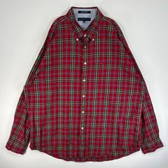 古着 トミーヒルフィガー TOMMY HILFIGER 長袖シャツ ロゴ 刺繍 チェック 大きいサイズ XXL  レッド マルチカラー メンズ