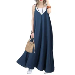 [ririka] リリカ ワンピース キャミ ロング マキシ丈 フレアー シルエット 体型カバー ゆったり レイヤード 重ね着 春 夏 秋 冬 オールシーズン レディース (XXL, 青)