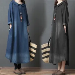 レディース30代 ワンピース デニムワンピース長袖 デニム 大きいサイズ ゆったり ロング 体型カバー ラウンドネック 着痩せ 40代50代