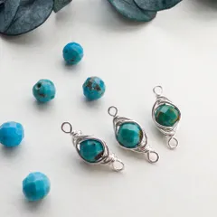 ＊3個＊ 天然石 パーツ 天然 ターコイズ ワイヤーラッピング コネクター チャーム 銀 ワイヤー巻き te066