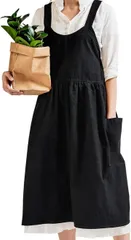 SALUDABLE 北欧風エプロン おしゃれでかわいい ワンピース H型 シンプル 保育士 ドレス コットン ナチュラル ロング丈 ポケット付き(ブラック,  Free Size)