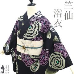 【新品】 夏物 浴衣 未使用 竺仙 鑑製 注染 ゆかた 木綿 綿 黒 バラ 薔薇 手縫い仕立て 日本製 夏 カジュアル 高級 浴衣 夕涼み 花火大会 花火 お祭 仕立て上がり 身丈164 裄丈68 Ｌサイズ みやがわ sb15835