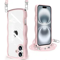 【数量限定】波状フレーム かわいい 人気 カバー 用 耐衝撃 用 透明 Plus iPhone16 Plus Plus 16 用 16 スマホケース アイフォン 首かけ ストラップ付き 肩掛け ショルダー 薄型 クリア 軽量 ケース QIワイヤレス充電対応（ピ