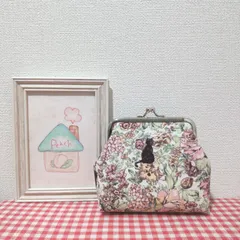 がま口（黒猫ちゃん＊ボタニカル＊オフホワイト）