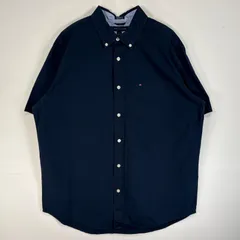 古着 トミーヒルフィガー TOMMY HILFIGER 半袖シャツ ロゴ 刺繍 ボタンダウン 胸ポケ L  ネイビー 無地 メンズ