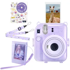 【迅速発送】HIYQIN instax mini 12ケース、FUJIFLM ｢チェキ instax mini 12｣ ケース 5点セット チェキ 12 クリアケース ショルダーストラップ付、写真収納ボックス、チェッキ12 用ステッカー付