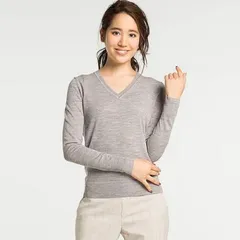 WOMEN エクストラファインメリノウール Vネックセーター グレーM