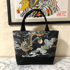 和柄ミニトートバッグ 龍柄 ブラック ハンドメイド メンズ レディース ストリート ハンドバッグ