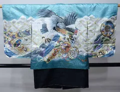 七五三 五歳 男児 羽織・着物・襦袢3点セット M寸 豪華絢爛 綸子地 青緑地 鷹 お仕立て無料 祝着 NO37752-2