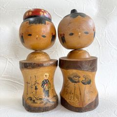 宮下はじめ作】弥治郎系こけし夫婦（ペア）創作こけし｜羽織風・可動式