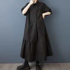 モード系 ５分袖 ニューデザイン フェイクツーピース お洒落 リラックス ポロ襟 ソリッド パフスリーブ フラップ Aライン ロングシャツドレス 個性派