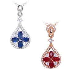 再入荷★人気 ドロップ＆四つ葉 キュービックジルコニア CZダイヤモンドネックレス レディース シルバー925 プラチナ仕上 ジュエリー プレゼント サファイア ルビー