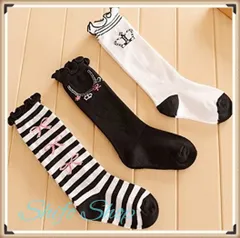 再入荷！キッズ15-19㎝ハイソックス3足セットモノトーンボーダーリボンティアラ