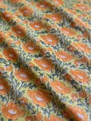 Sarasa Fabric 1.8m ブロックプリント　ラメ　オレンジの花柄　ハンドメイド　ハンドブロックプリント　木版印刷　木版プリント