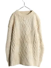 【お得なクーポン配布中!】 フィッシャーマン ウール ニット セーター メンズ L 程 アランニット ケーブル ローゲージ 無地 クルーネック ナチュラル ヘビーウェイト