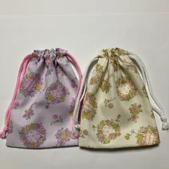 2枚セット　アイボリー×ピンク　かわいい花束柄の巾着袋　545 ハンドメイド