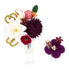 髪飾り 成人式 振袖 前撮り 袴 花 2点セット 菊 紫 白 赤 ゴールド ピンク ちりめん 組紐 鹿の子絞り 玉飾り ビラ ラメ 花ごこ No.12-0557