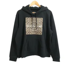 コーチ COACH スウェットパーカー プルオーバー シグネチャー柄 プリント オーバーサイズ フード 長袖 コットン ブラック サイズM レディース 極美品