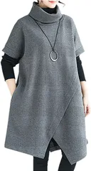 エムエルーセ 重ね着 アシメデザイン ハイネック チュニック シンプル ゆったり( グレー,  M)