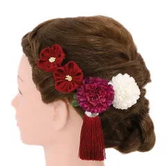 髪飾り 成人式 つまみ細工 赤 振袖 前撮り 袴 浴衣 夏祭り 花火大会 豪華4点セット 赤紫 白 ちりめん 房 かんざし おしゃれ か No.9-3737