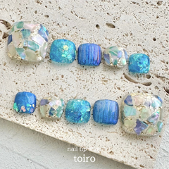 ネイルチップ　no.010 フットネイル　フット　ネイル　海ネイル　夏ネイル　バカラネイル　シェル　ラグーンネイル　マーメイドネイル　ブルー　海　夏　足　オーダー　ショート